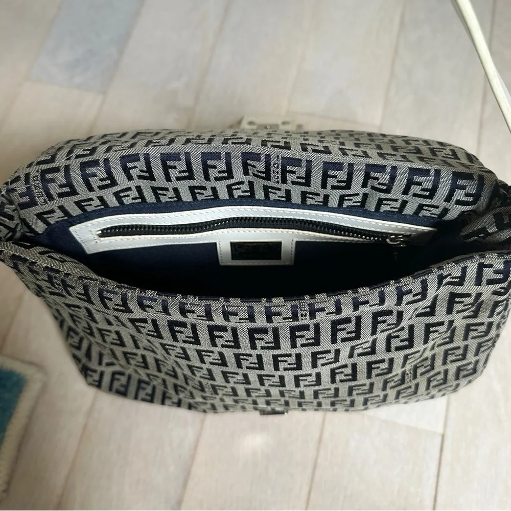 FENDI Zucchino Mamma Baguette Shoulder Handbag Canvas & White Leather - Picture 2 of 11
